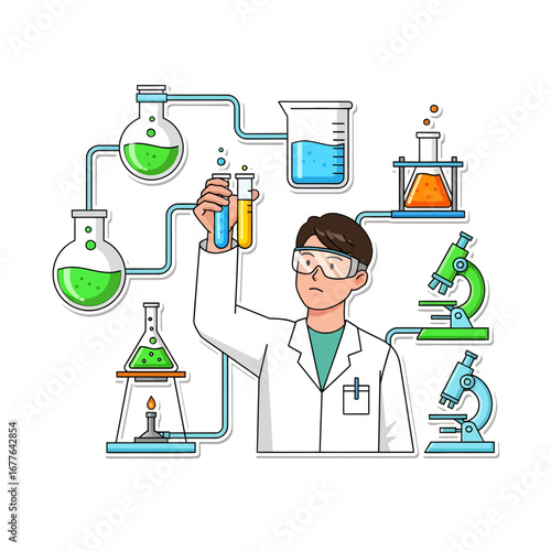 Young Scientist in Lab Coat Conducting Chemical Research Experiment.