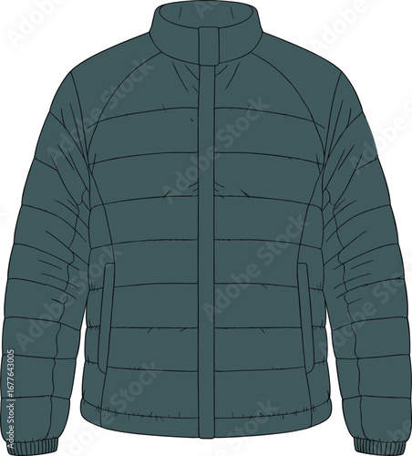 Padded puffer jacket front zip with side welt pockets cad drawing flat vector illustration for technical winter fashion design