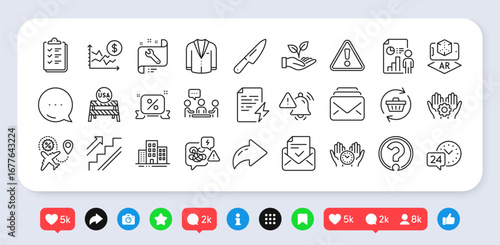 Knife, Business report and Dollar rate line icons pack. Social media: share, comment, like icons. Employee hand, Safe time, 24h service web icon. Mail, Spanner, Power certificate pictogram. Vector
