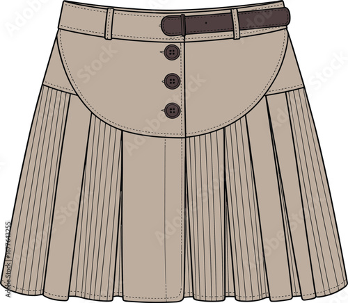 Pleated button skirt cad drawing flat vector illustration, front yoke panel mini skirt fashion technical sketch, modern belt design template