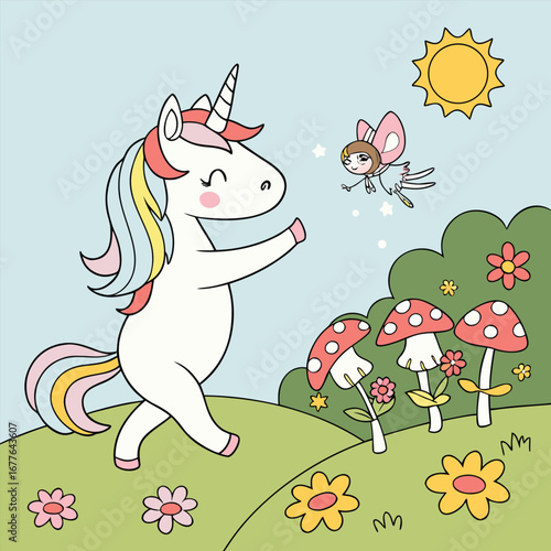 Enchanting baby unicorn frolicking with whimsical fairies in a vibrant sun drenched magical forest perfect for children s illustrations and fantasy themes