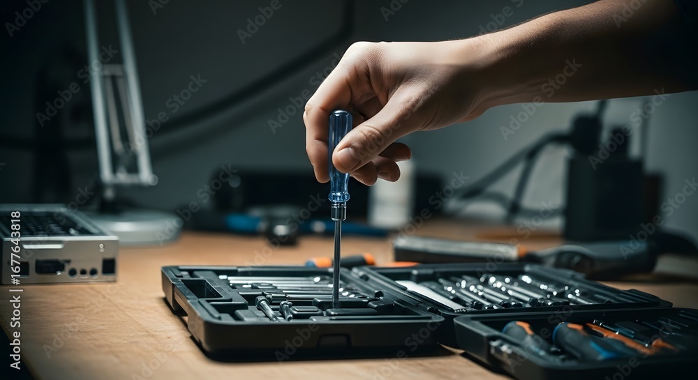 Fototapeta premium A hand selecting a blue handled screwdriver from a black toolbox on a wooden workbench surface