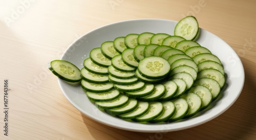 Fresh cucumber slices artfully arranged on a white plate, ready for healthy eating and culinary creativity