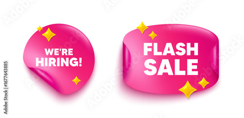 Hiring sticker tag. Flash offer paper price banner. We are hiring tag. Recruitment agency sign. Hire employees symbol. Discount sticker with 3d glitter. Vector
