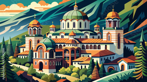 The Rila Monastery in Bulgaria rests in mountain forests, its colorful frescoes, striped arcades, and stone towers representing centuries of Orthodox Christian devotion and artistry.