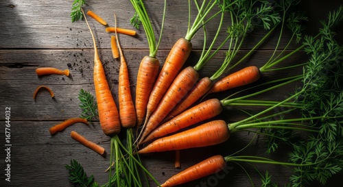 Fresh vibrant organic carrots with green leafy tops arranged on rustic wooden background
