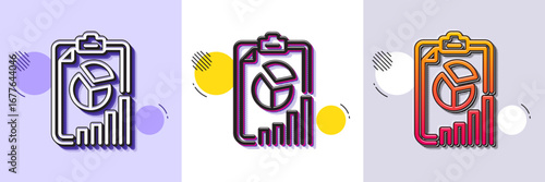 Report line icon. Halftone dotted pattern. Gradient icon with grain shadow. Column graph, pie chart sign. Market analytics symbol. Line report icon. Various designs. Vector