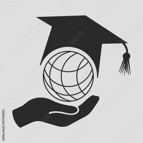  Hand holding globe with graduation cap symbolizing global education, knowledge sharing, academic success, worldwide learning, higher studies, future opportunities, achievement.
