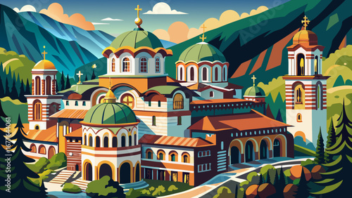 The Rila Monastery in Bulgaria rests in mountain forests, its colorful frescoes, striped arcades, and stone towers representing centuries of Orthodox Christian devotion and artistry.