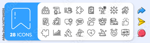 Quick tips, Checklist and Work home line icons. Interest rate, AI generate, Inflation icons. Pack of Puzzle, Report, Certificate icon. Pyramid chart, Employees messenger, Money pictogram. Vector