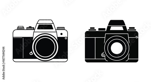 Two vintage camera icons in black and white for photography enthusiasts