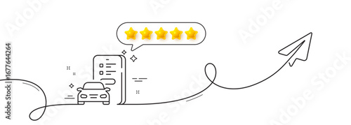 Car registration line icon. Continuous line with share plane. Online warranty sign. Mobile phone app symbol. Five star rate review in speech bubble. Car registration single line ribbon. Vector