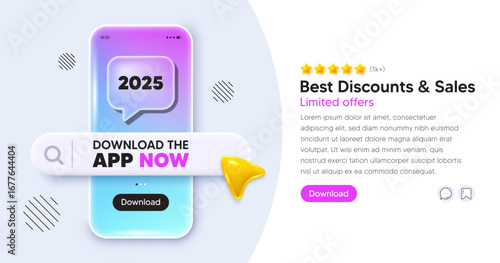 2025 mobile phone banner. App chat speech bubble. 2025 year icon. Event schedule annual date. 2025 annum planner. Phone template with search bar. Download the app now. Vector