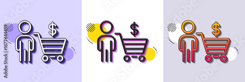 Buyer with shopping cart line icon. Halftone dotted pattern. Gradient icon with grain shadow. Customer sign. Supermarket client symbol. Line buyer icon. Various designs. Vector
