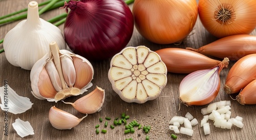 Fresh garlic and onions beautifully arranged on a rustic wooden table, ready for culinary creation