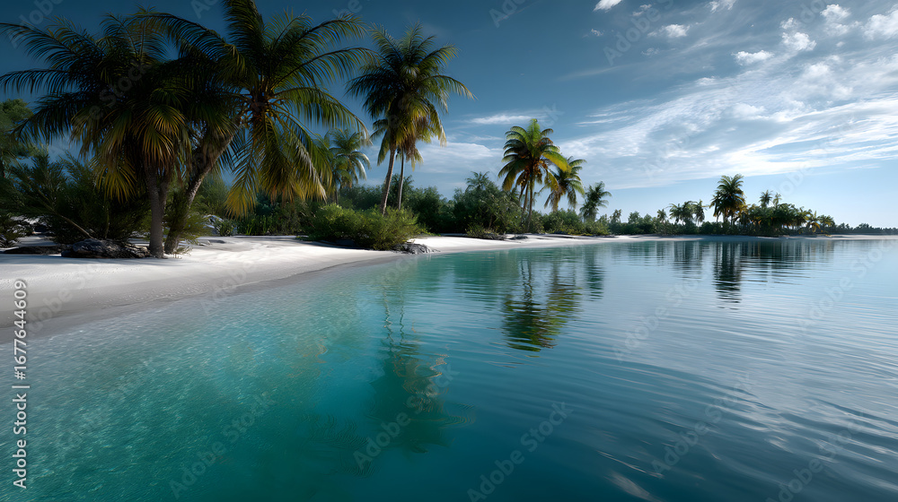 Fototapeta premium A breathtaking tropical ladscape with turquoise wate, palm trees swaying gentl, and soft white sand.