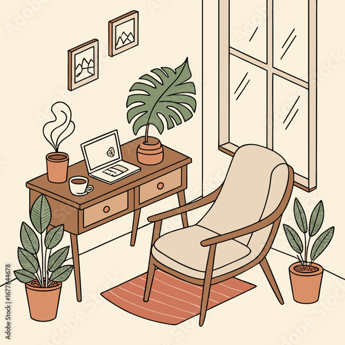 Cozy home office lifestyle design with laptop, coffee cup, indoor plants, and work-life balance concept.
