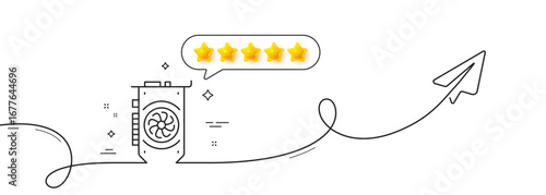 Gpu graphic card line icon. Continuous line with share plane. Computer component hardware sign. Five star rate review in speech bubble. Gpu single line ribbon. Loop curve pattern. Vector