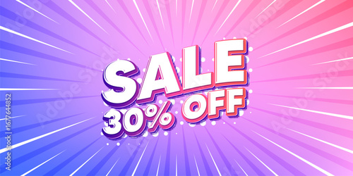 Sale sun rays gradient banner. Light burst background. Sale 30 percent off discount. Promotion price offer sign. Retail badge symbol. Gradient sun rays. Sunburst light. Vector