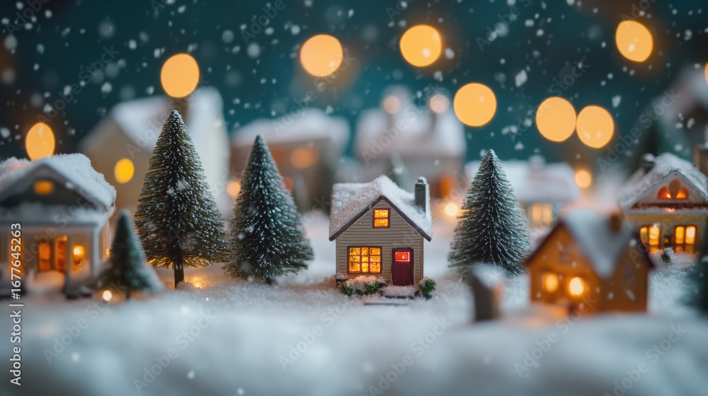 Fototapeta premium Cozy miniature snowy village with warm lights and festive christmas tree decorations at night