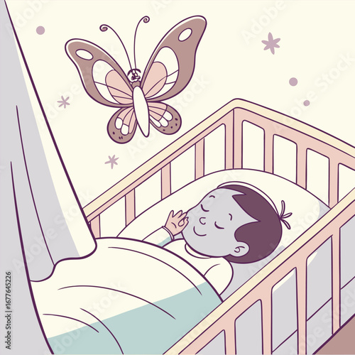Delicate butterfly lands gently on a peacefully sleeping baby s hand evoking tenderness and innocence in a soft artistic illustration