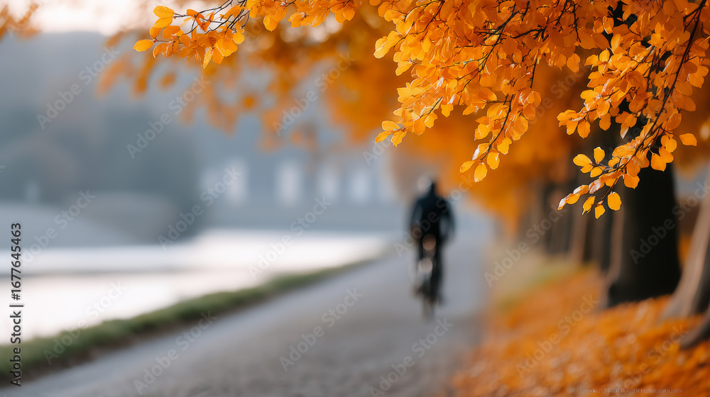 Obraz premium Cyclist Riding Through Autumn Leaves Along a Calm Canal