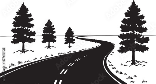 Winding Road Through a Forest of Pine Trees in Black and White Illustration highway street