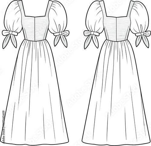Puff sleeve bow tie dress CAD drawing, elegant women fashion flat sketch, long maxi dress vector, romantic style template