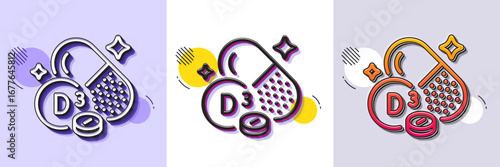 Vitamin D3 line icon. Halftone dotted pattern. Gradient icon with grain shadow. Cholecalciferol food nutrient sign. Capsule or pill supplement symbol. Line cholecalciferol icon. Vector