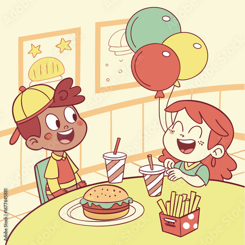 Joyful cartoon illustration of diverse children playing together outdoors celebrating childhood and friendship with vibrant colors and happy expressions