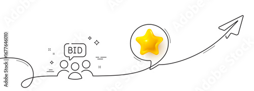 Auction line icon. Continuous line with share plane. Bid offer sign. Raise the price up symbol. 3d star in speech bubble. Auction single line ribbon. Loop curve pattern. Vector
