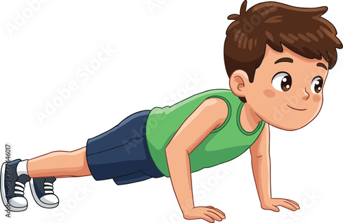 Cute cartoon boy doing push up exercise, healthy kid workout, child fitness training, sport activity illustration, gym strength exercise character design