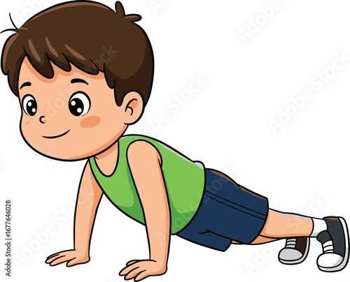 Cute cartoon boy doing push up exercise, healthy kid workout, fitness training illustration, child sport activity, gym strength exercise character