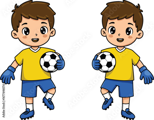 Cute cartoon boys holding soccer ball, happy children in sports uniform, fun outdoor football activity, kids team sport, playful athletic illustration design