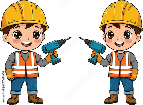 Cute cartoon construction boys with helmets, safety vests, gloves, holding electric drills, smiling children worker illustration for building, repair, industry design