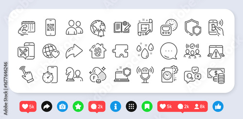 Engineering documentation, Rainy weather and Cursor line icons pack. Social media: share, comment, like icons. Qr code, Metro, Friends world web icon. Squad, Fluorine mineral, Puzzle pictogram. Vector