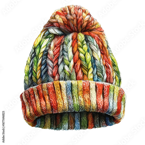 Warm Knitted Hat, watercolor illustration vector, isolated on a white background.