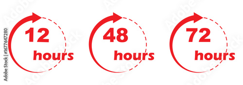 Compact UI and Repeating Clocks Pack. Red small-clock grid with arrow accents. 12, 48 and 72 hours clock arrow. Clock arrow vector work time Time Tracking and Management Infographic. EPS 10