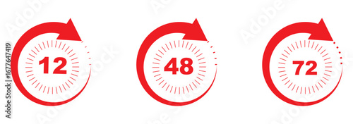 Compact UI and Repeating Clocks Pack. Red small-clock grid with arrow accents. 12, 48 and 72 hours clock arrow. Clock arrow vector work time Time Tracking and Management Infographic. EPS 10