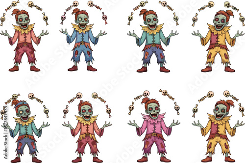 Cartoon zombie clown, undead juggler character, creepy circus performer, Halloween juggling act, spooky candy skulls art, horror clown illustration