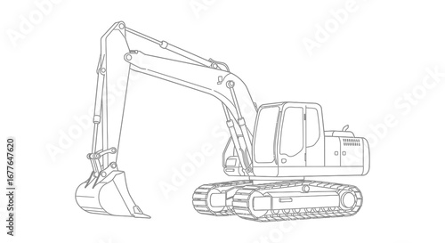 Excavator Outline Illustration Detailed Construction Vehicle Drawing for Technical or Educational Use