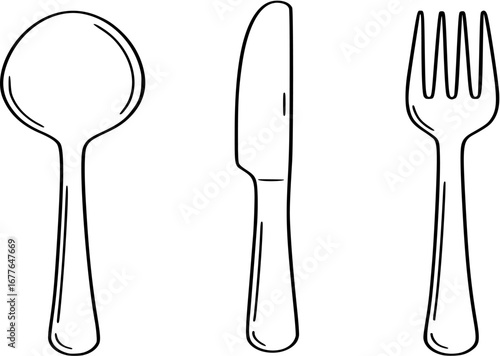Spoon, knife, fork silhouettes icons.

