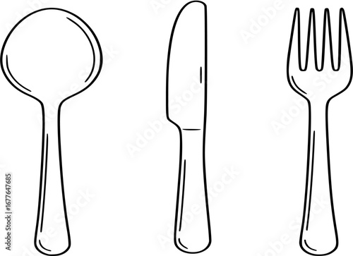 Spoon, knife, fork silhouettes icons.
