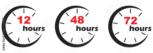 Black and white clock icons showing 7, 12, 24, 48, and 72 hour turnaround times. Watch and stopwatch, clock and alarm. Fast delivery and shipping stickers. Vector illustrations. Eps 10 