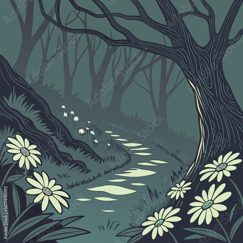 Close up of a single delicate flower petal gracefully falling captured in a vector illustration with vibrant or muted colors suggesting themes of nature beauty and transition