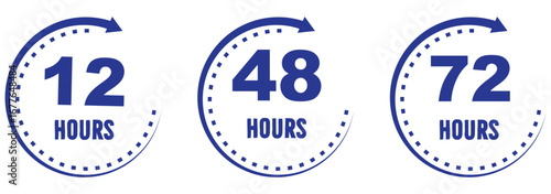 Set Blue clock icons with 12, 24, 48, and 72 hours, modern timer and deadline symbols for delivery, shipping, express service, schedule, countdown, business. EPS 10