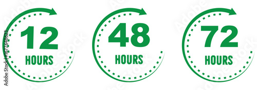 Set Blue clock icons with 12, 24, 48, and 72 hours, modern timer and deadline symbols for delivery, shipping, express service, schedule, countdown, business. EPS 10