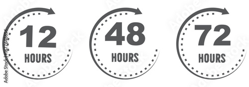 Set Blue clock icons with 12, 24, 48, and 72 hours, modern timer and deadline symbols for delivery, shipping, express service, schedule, countdown, business. EPS 10