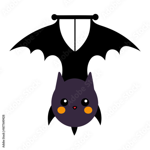 Cute kawaii bat hanging upside down with big eyes