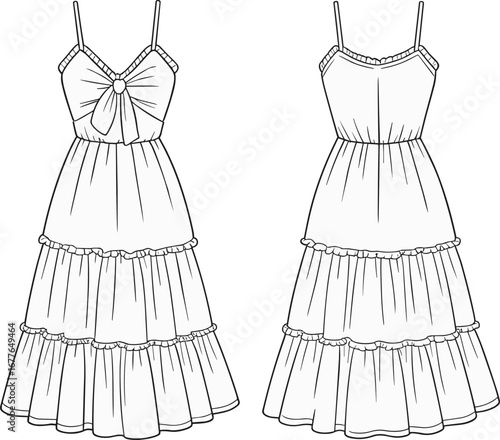 Ruffle tiered summer midi dress with bow detail cad drawing flat vector illustration for fashion design and garment production